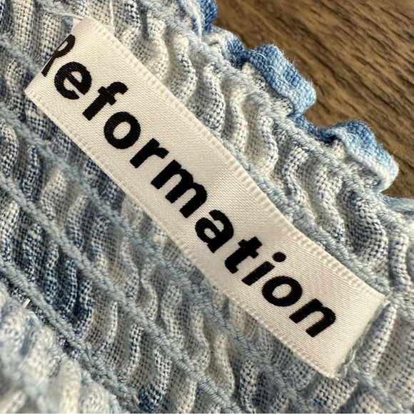 Reformation size Medium 100% Linen Blue Dyed Mini Dress Smocked Western Beachy - Picture 4 of 10